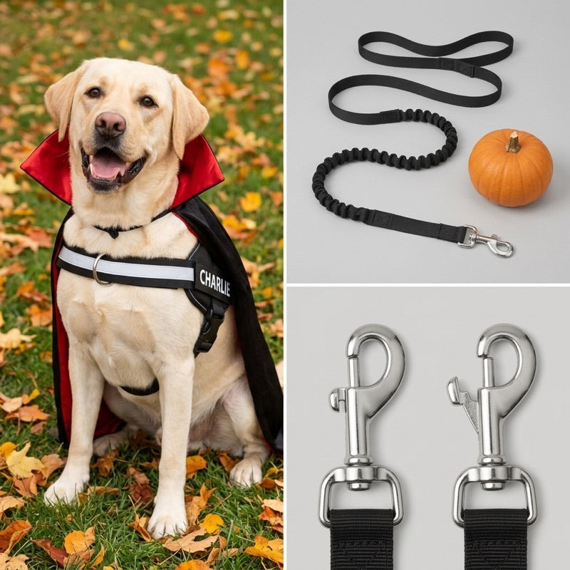 Labrador in a vampire cape wearing the Tailo harness, with the bungee leash and locking clip