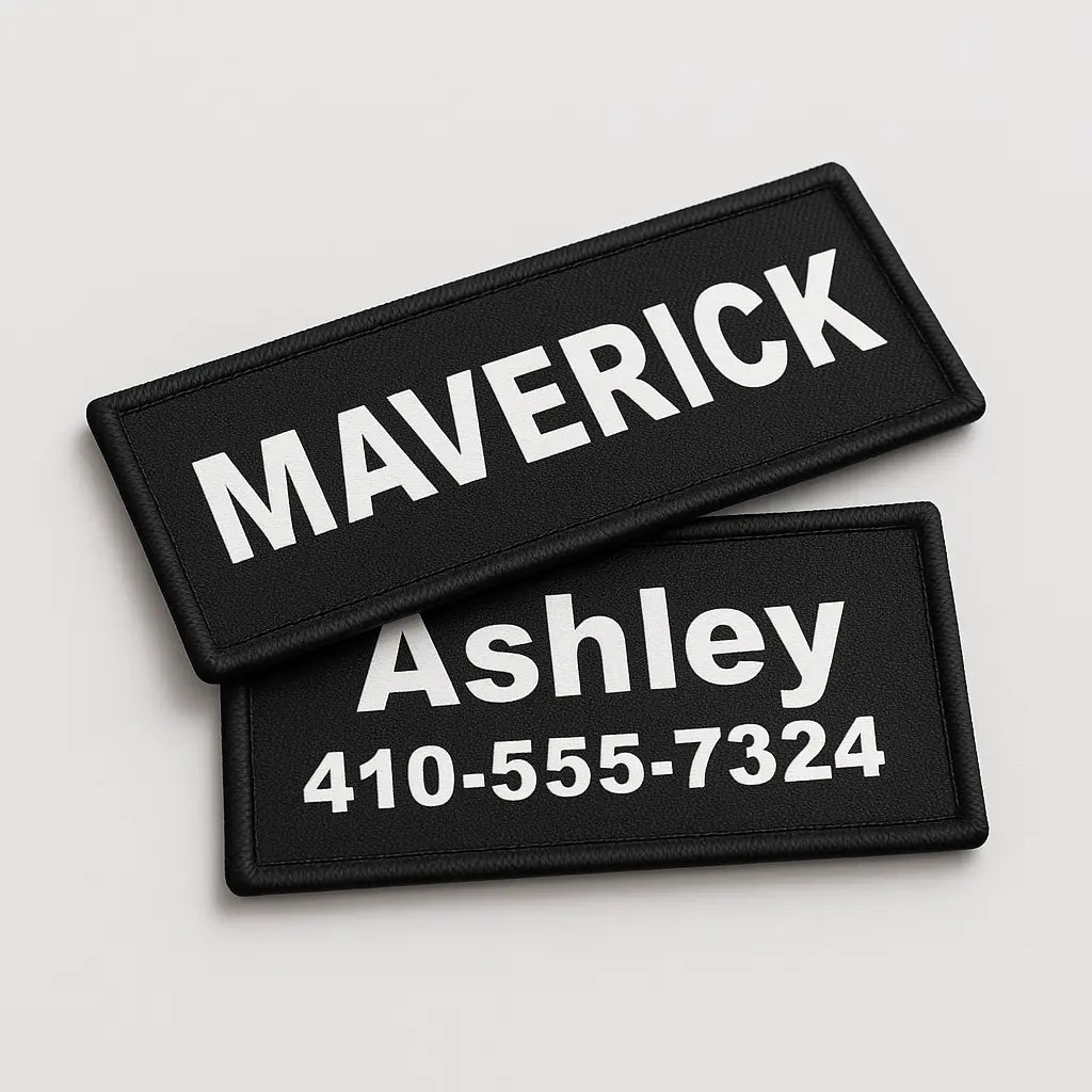 Two black patches with white text on a light gray background