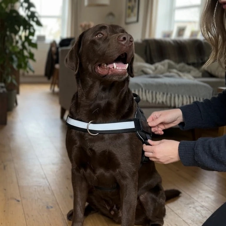 Owner clipping the Tailo harness onto a chocolate Labrador