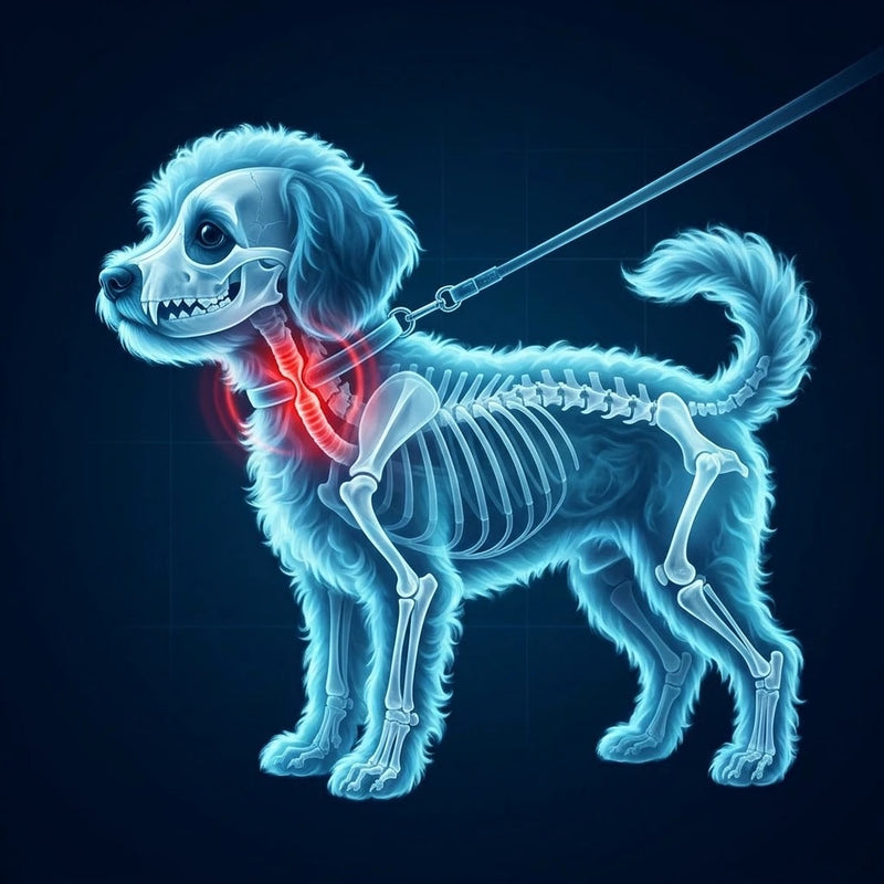 X-ray of a small dog: the collar presses on the windpipe, highlighted red