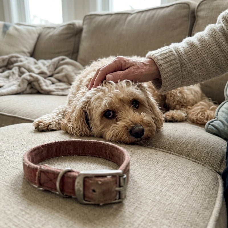 Owner petting a small doodle resting on the couch, an old collar beside them
