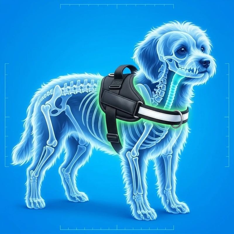 X-ray of a small dog in the Tailo harness: the windpipe stays clear
