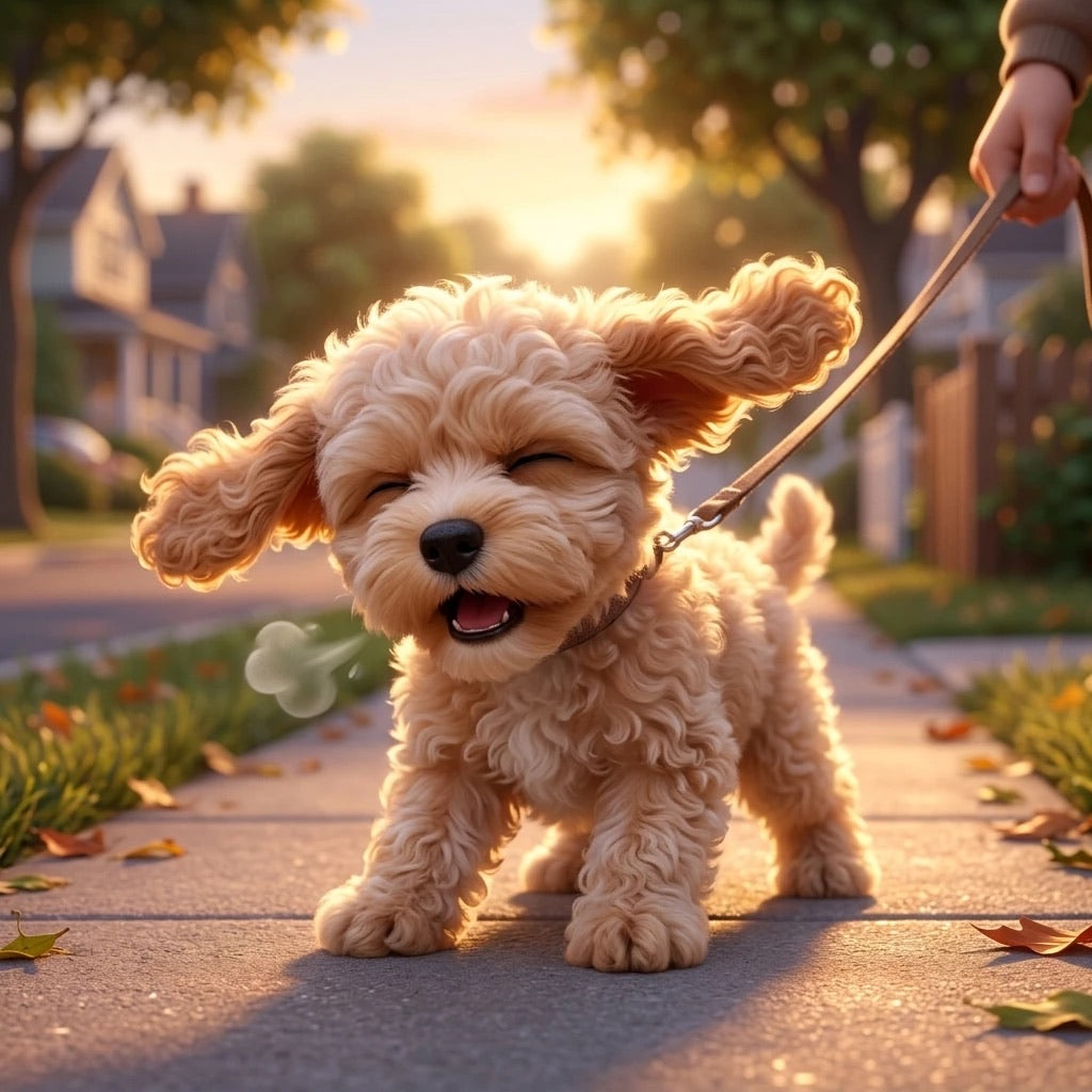 Small curly-haired puppy coughing as it pulls on a collar and leash