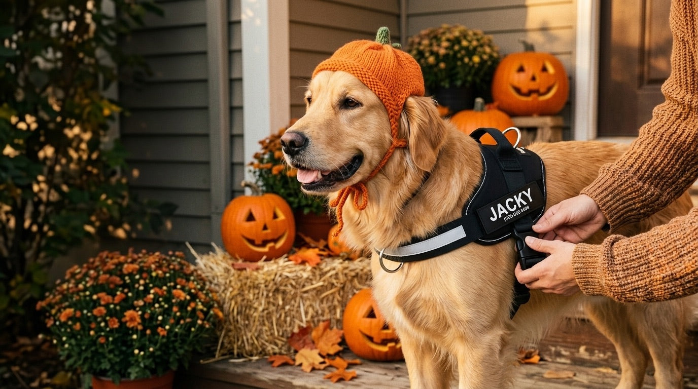 Golden retriever in a pumpkin hat getting the side buckle of his Tailo harness clicked shut on an autumn porch