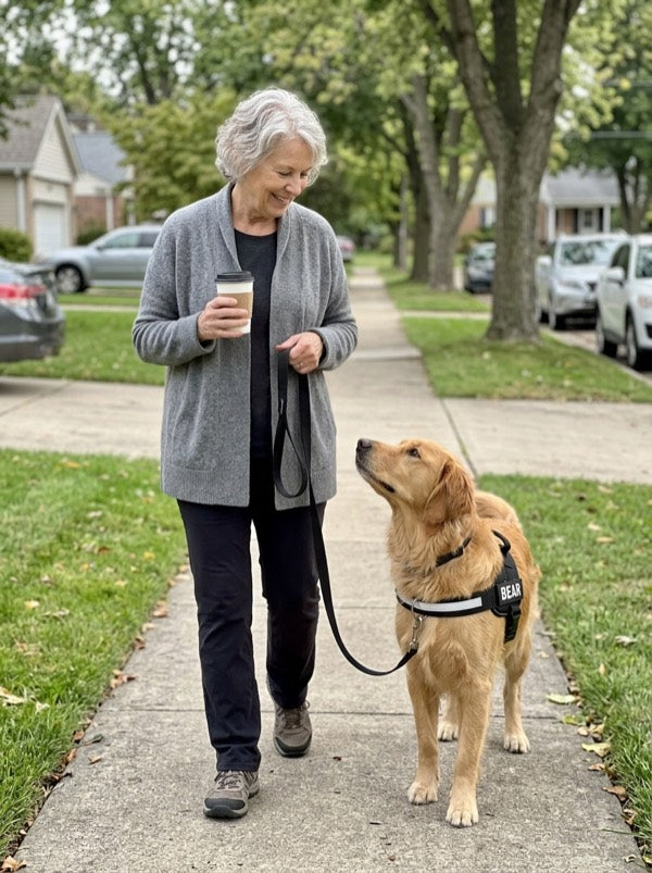 The same golden retriever walking calmly beside her in the Tailo harness
