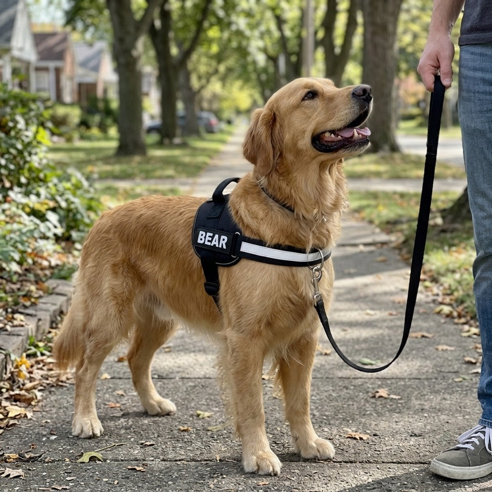 Golden retriever in the Tailo harness turning back to his owner on a slack leash