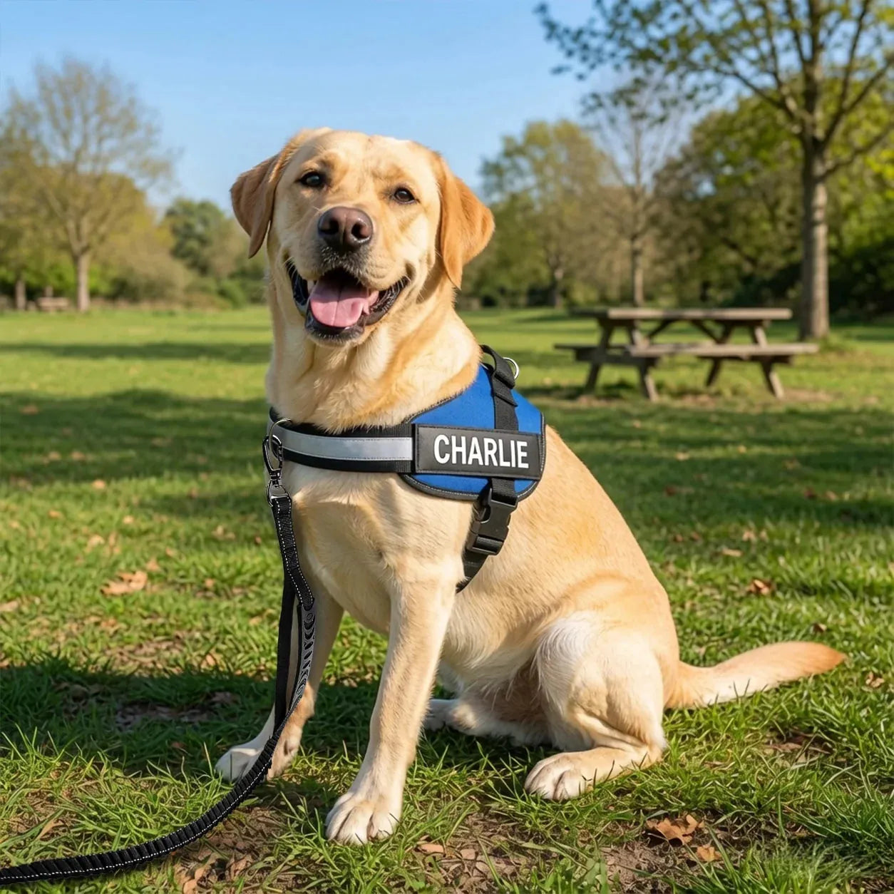 Happy dog wearing a Tailo harness in the park